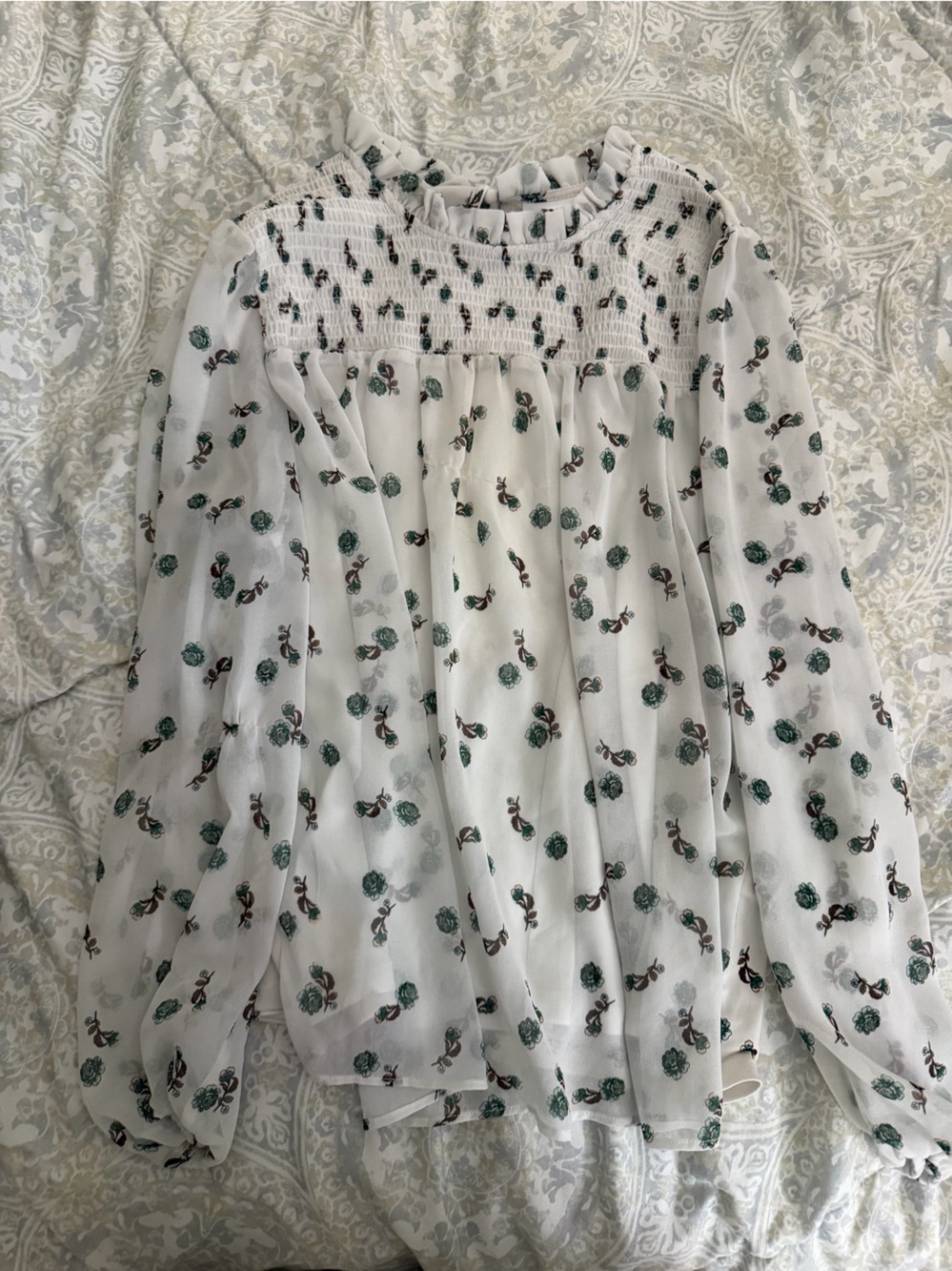 Charter Club White Floral Smocked Chiffon Maxi Top with Green Accents